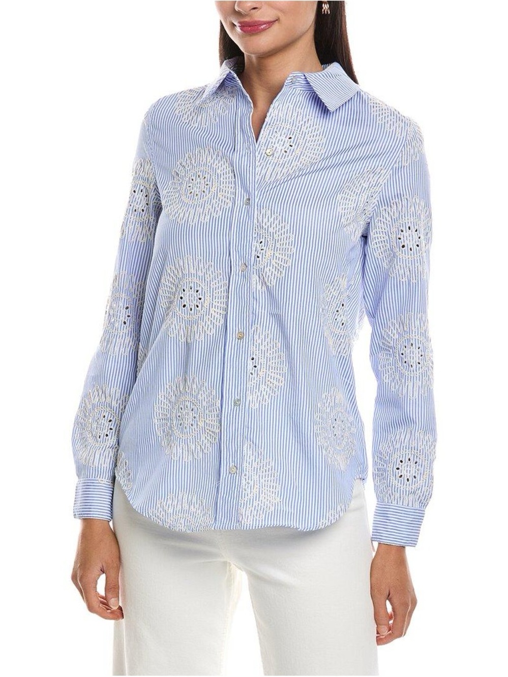 Nanette Lepore Blue and White Striped Embroidered Button-Up Shirt Floral